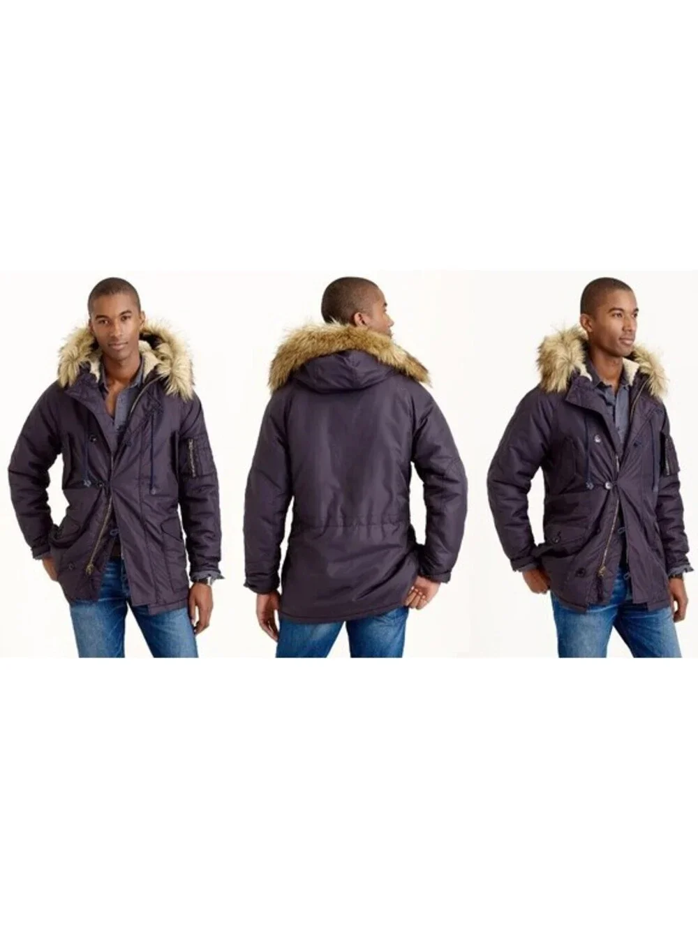 J Crew Snorkel N3B Military Winter Parka Jacket Field Coat Mens Small Fur Navy